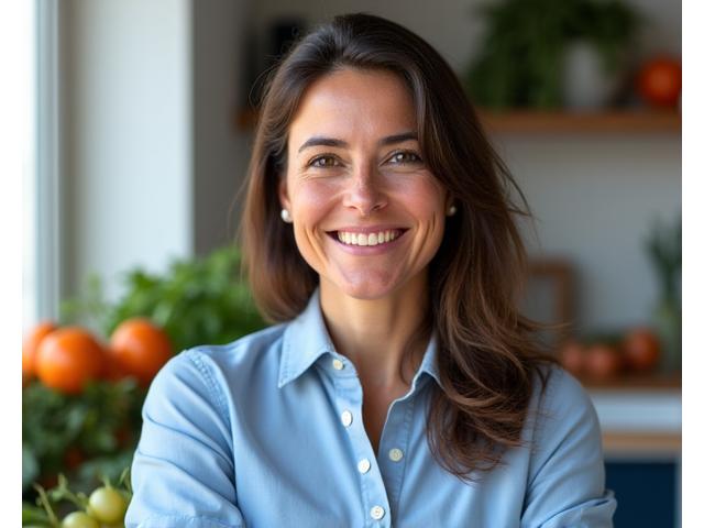 Retrato profissional da Dra. Maria Santos, uma nutricionista funcional e empática.