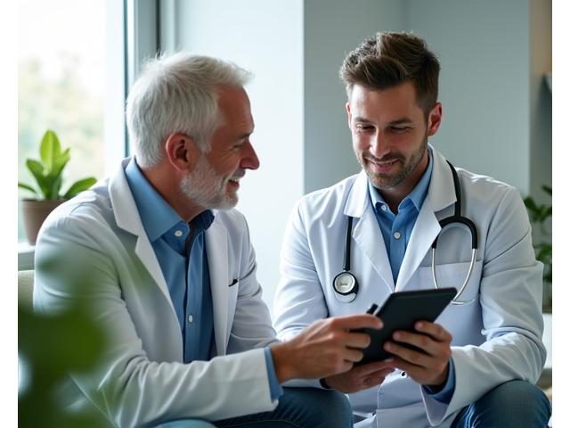 Homem em consulta com especialista de saúde Vitalis Foco, discutindo bem-estar e vitalidade.