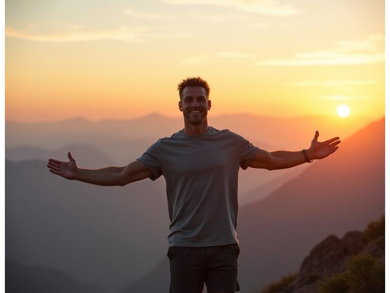 Homem atlético e sorridente em equilíbrio no topo de uma montanha ao pôr do sol, representando vitalidade e bem-estar.