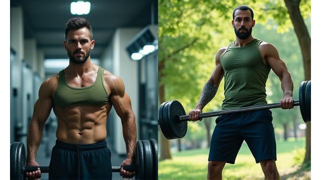 Diferentes ambientes de treino, mostrando um homem na academia e outro fazendo exercícios ao ar livre.