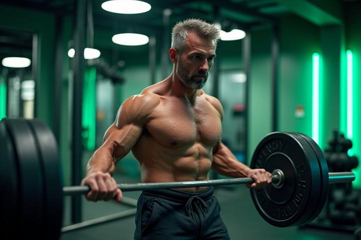 Homem atlético realizando levantamento de peso em academia moderna, com foco e determinação.