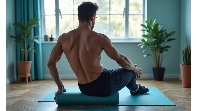 Homem relaxando e alongando após um treino, focando na recuperação muscular e mobilidade.