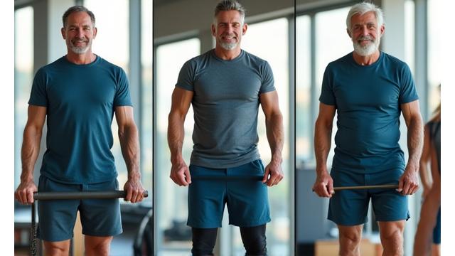 Homens de diferentes faixas etárias (30, 40, 50 anos) felizes e ativos, indicando treinos específicos por idade.