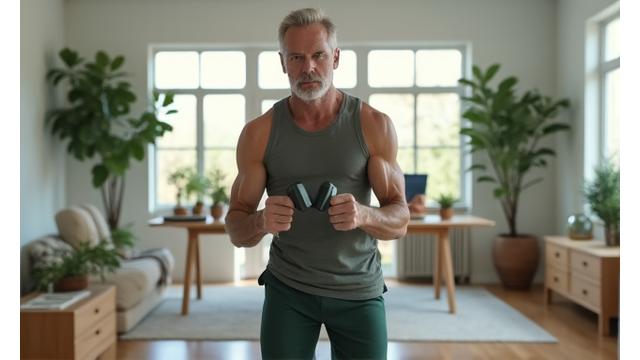 Homem realizando um treino rápido e eficiente em casa com halteres.