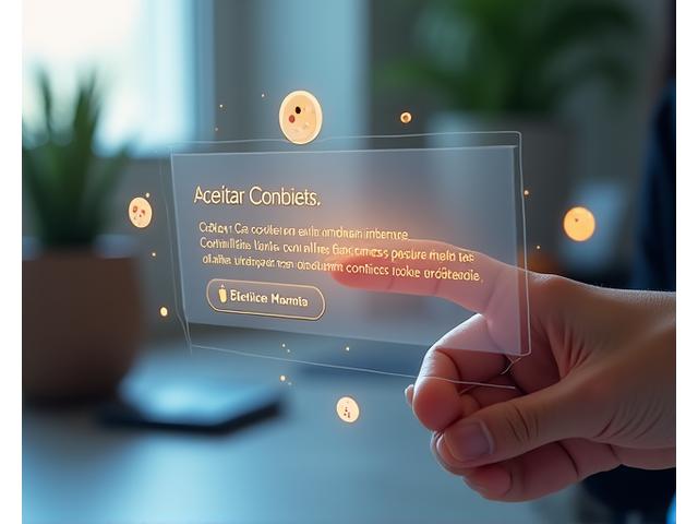 Uma mão clicando em um botão de ‘Aceitar Cookies’ ou ‘Configurar Preferências’ em uma tela de computador, com pequenos ícones de cookies flutuando ao redor, simbolizando controle do usuário.