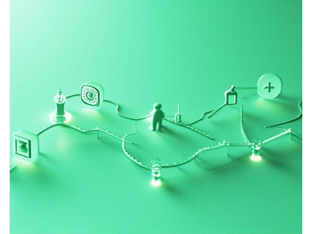 Diagrama simplificado e elegante de fluxo de dados, mostrando setas direcionais de dados do usuário para um cofre seguro e de lá para serviços de saúde personalizados, com ícones de proteção e privacidade.