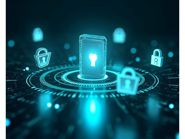 Ícones de segurança digital como cadeados, escudos e firewalls flutuando em torno de um servidor de dados estilizado, com um brilho de proteção, representando criptografia robusta.