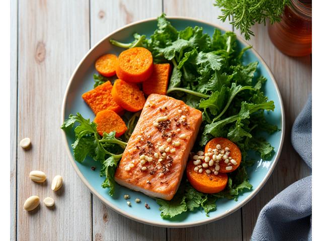 Prato com alimentos frescos e coloridos, simbolizando nutrição otimizada