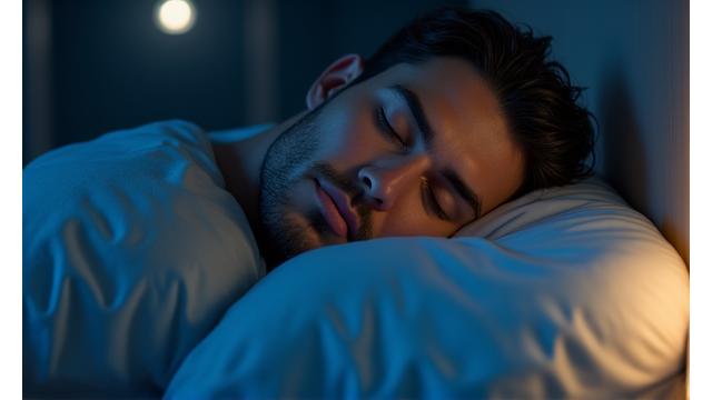 Homem dormindo tranquilamente em quarto escuro e aconchegante, simbolizando recuperação