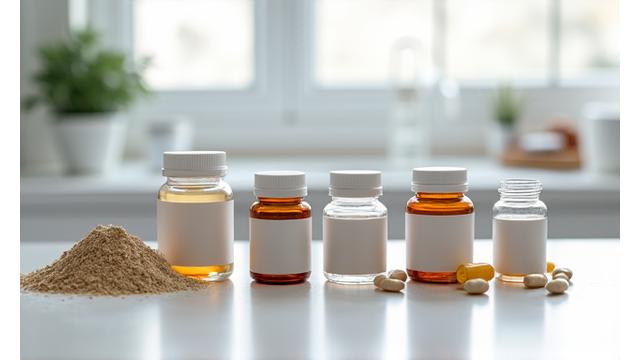 Variedade de suplementos em pó e cápsulas, com balança ao fundo, equilibrando