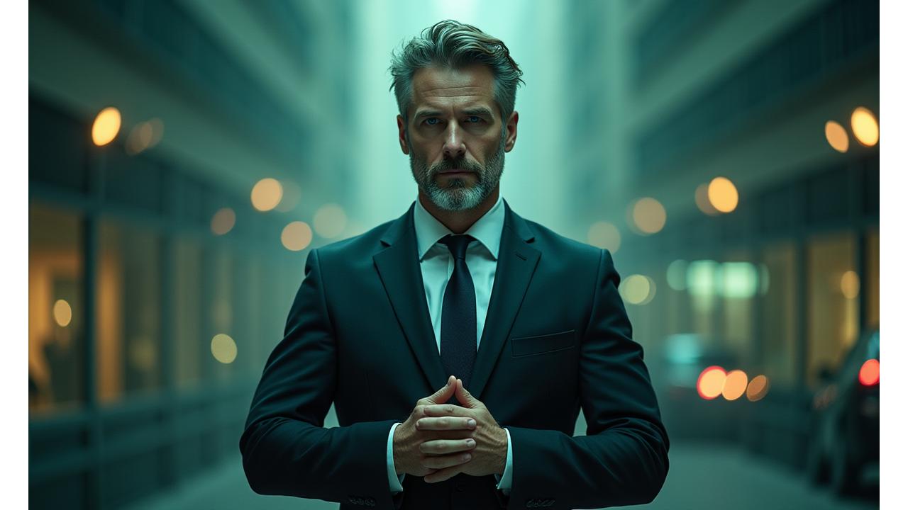 Homem em pose meditativa, com linhas de energia simbolizando a gestão do stress dentro de um ambiente profissional urbano.